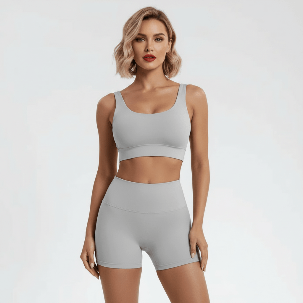 Mini short femme sport gris clair – pose debout face caméra, ensemble brassière assortie
