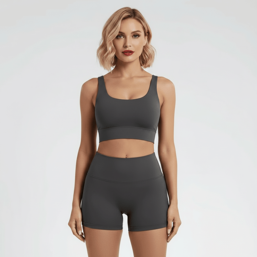 Mini short femme sport gris foncé – pose debout face caméra, ensemble brassière gainante