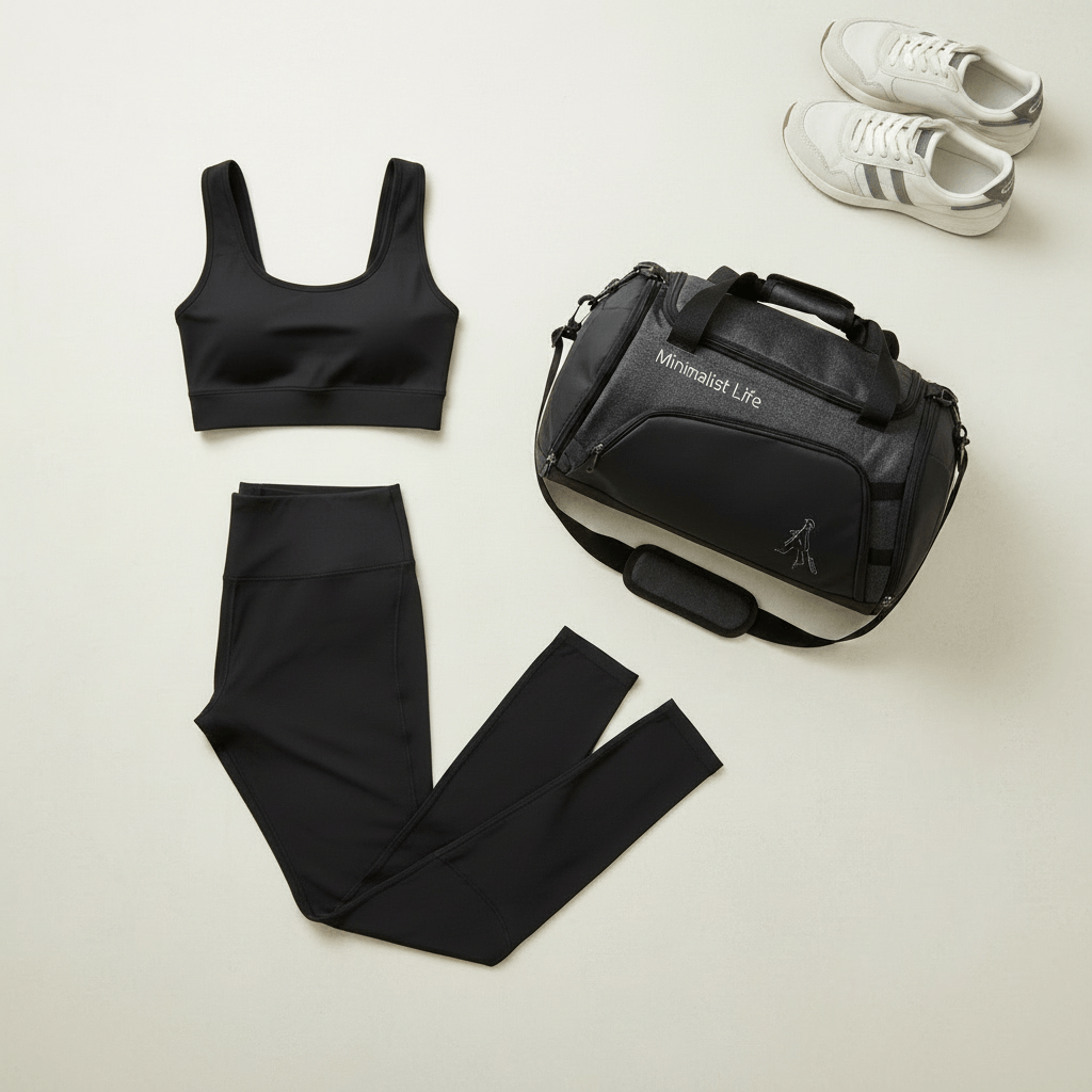 Pack Seconde Peau, flatlay product brassière noire + legging noir + sac de sport + baskets, surface minimaliste chic ivory gray, photo e-commerce