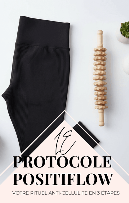 Pack Positiflow : Protocole Peau Lisse & Tonique, leggings noirs et accessoire en bois, logo et texte “Protocole Positifflow” visible.