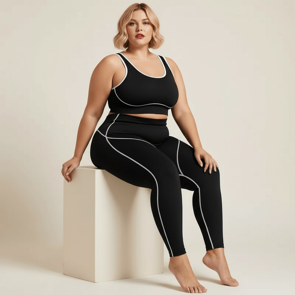 Pantalon de yoga femme grande taille noir liserés blancs assise élégante pose chic fond studio crème