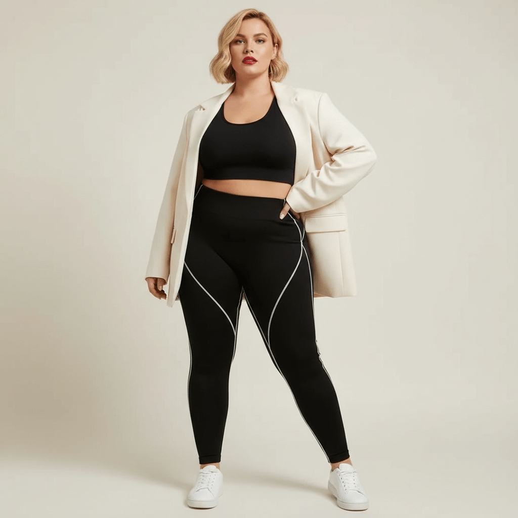 Pantalon de yoga femme grande taille noir liserés blancs look athleisure blazer oversize crème fond studio