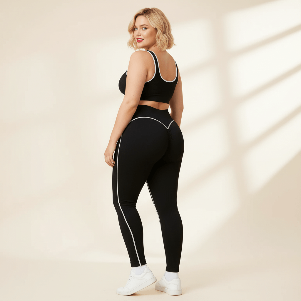 Pantalon de yoga femme grande taille noir liserés blancs vue de dos effet scrunch lift butt fond studio crème