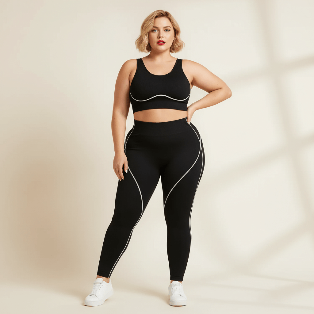 Pantalon de yoga femme grande taille noir liserés blancs taille haute vue de face main sur la hanche fond studio crème