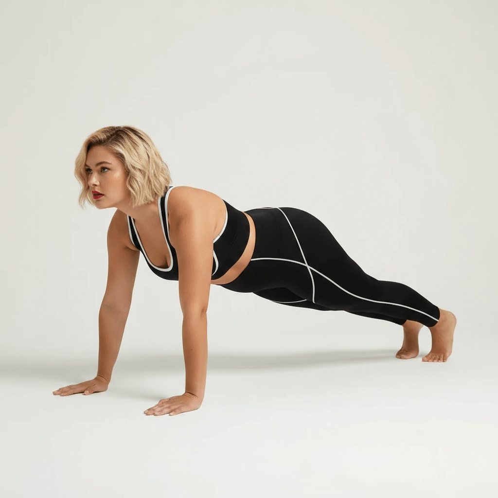 Pantalon de yoga femme grande taille noir liserés blancs position planche gainage maintien fond studio crème