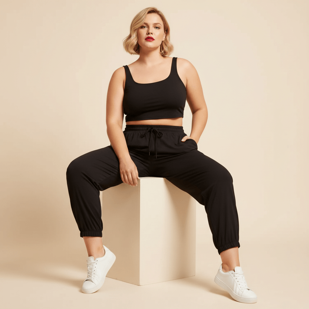 Pantalon jogging femme grande taille noir fluide assise élégante pose cool décontractée fond studio crème