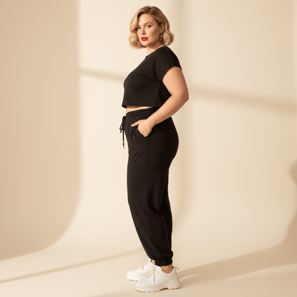 Pantalon jogging femme grande taille noir fluide look athleisure oversize crème baskets plateforme fond studio crème

