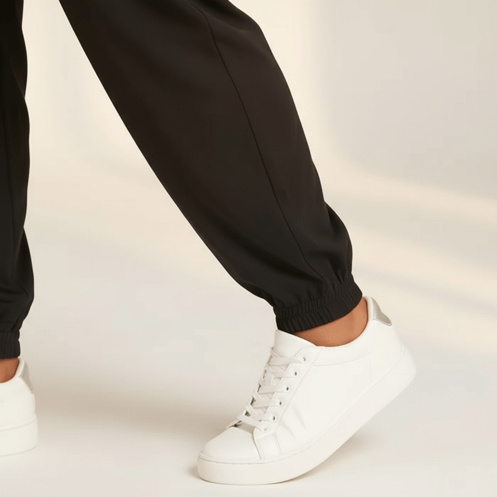 Pantalon jogging femme grande taille noir fluide détail ourlet resserré cheville basket blanche fond studio crème