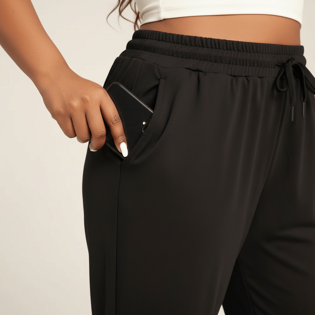 Pantalon jogging femme grande taille noir fluide détail poche latérale profonde smartphone fond studio crème