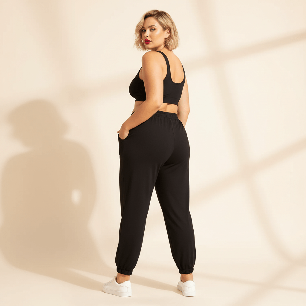 Pantalon jogging femme grande taille noir fluide vue de dos taille élastique cordon fond studio crème