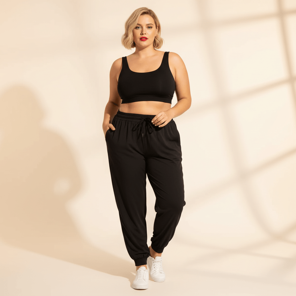 Pantalon jogging femme grande taille noir fluide taille élastique cordon poches latérales vue de face fond studio crème