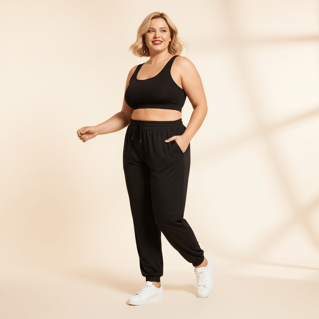 Pantalon jogging femme grande taille noir fluide marche dynamique décontractée baskets blanches fond studio crème