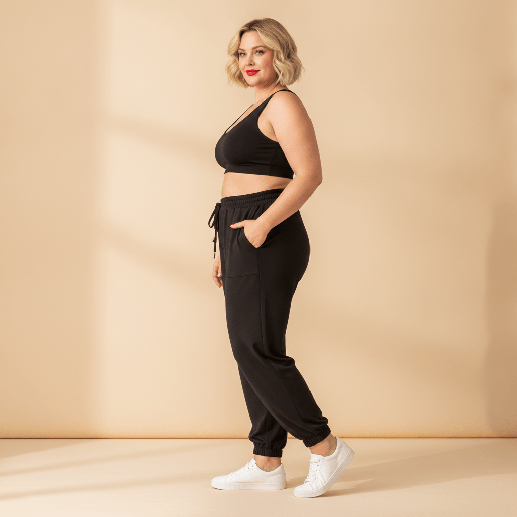 Pantalon jogging femme grande taille noir fluide coupe ample ourlet resserré cheville vue de profil fond studio crème
