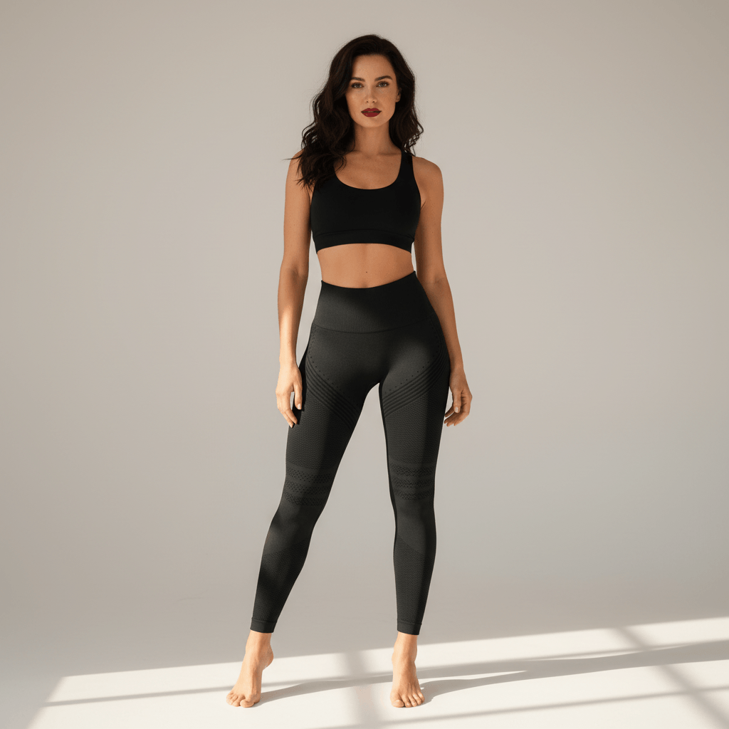 Photo principale : femme portant un legging anti cellulite push up noir Positiflow taille haute, fond ivory gris