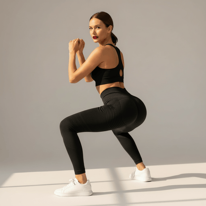 Dos squat : femme portant un legging anti cellulite push up scrunch noir Positiflow, photo studio ivory grey