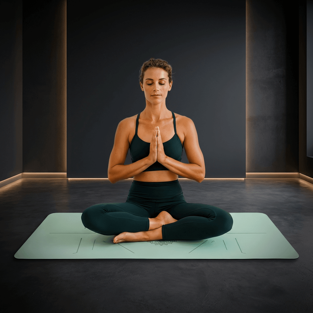 Femme en méditation assise sur tapis yoga OmFlow, tapis de sol confortable et antidérapant
