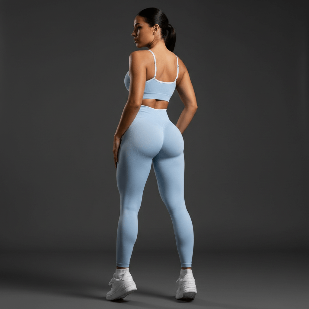Push Up Leggings bleu ciel femme vue de dos avec visage visible et brassière assortie sur fond gris sombre