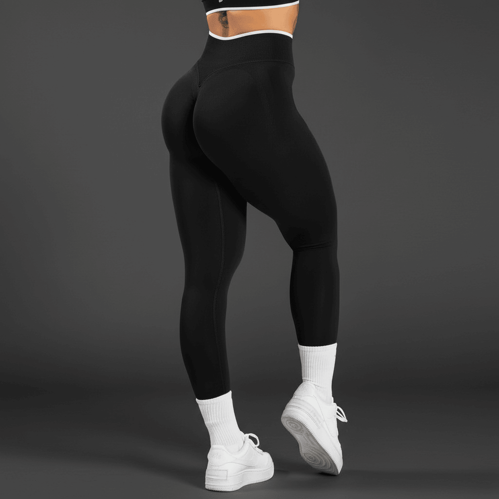 Pantalon de sport push up leggings sport : L'élégance dynamique au service de votre performance, coupe moulante noire avec des sneakers et chaussettes blanches.