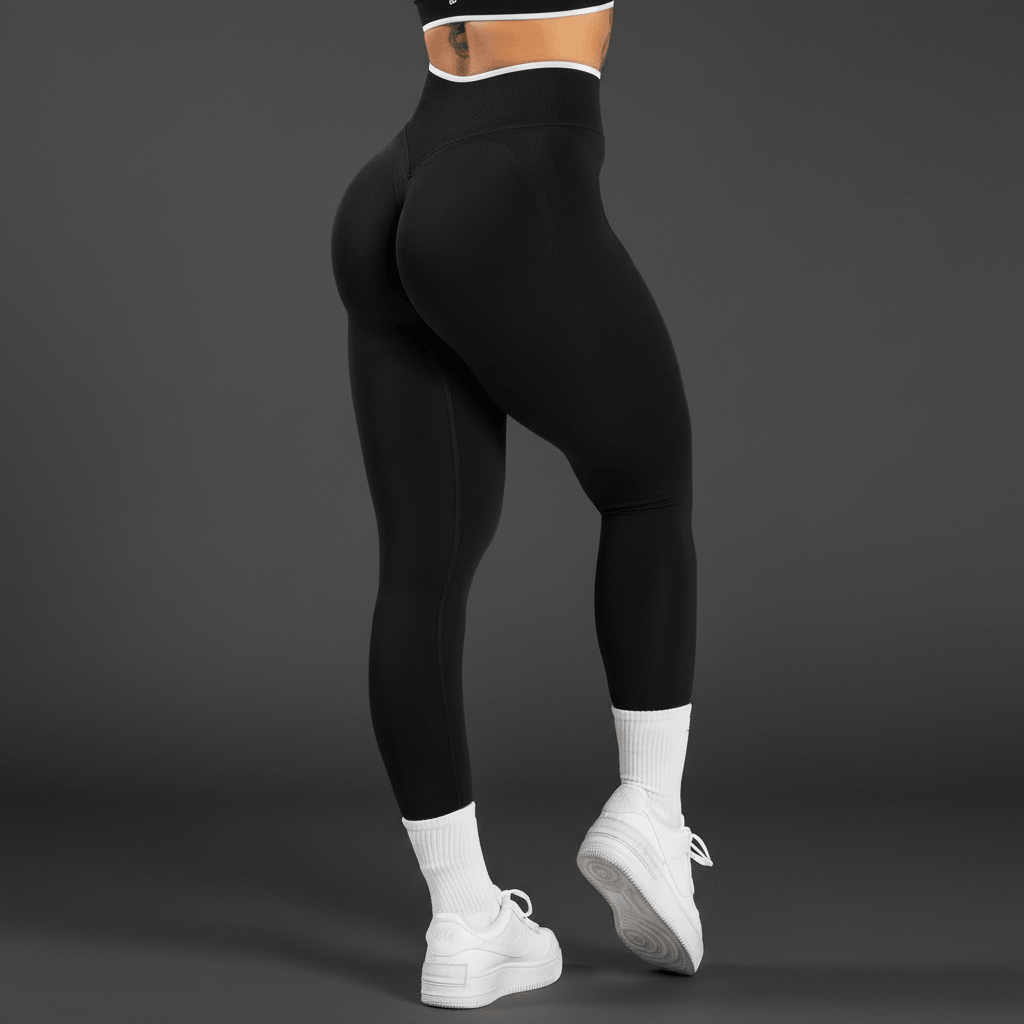 Push Up Leggings capri noir femme focus sur les fesses sur fond gris sombre - effet liftant push up