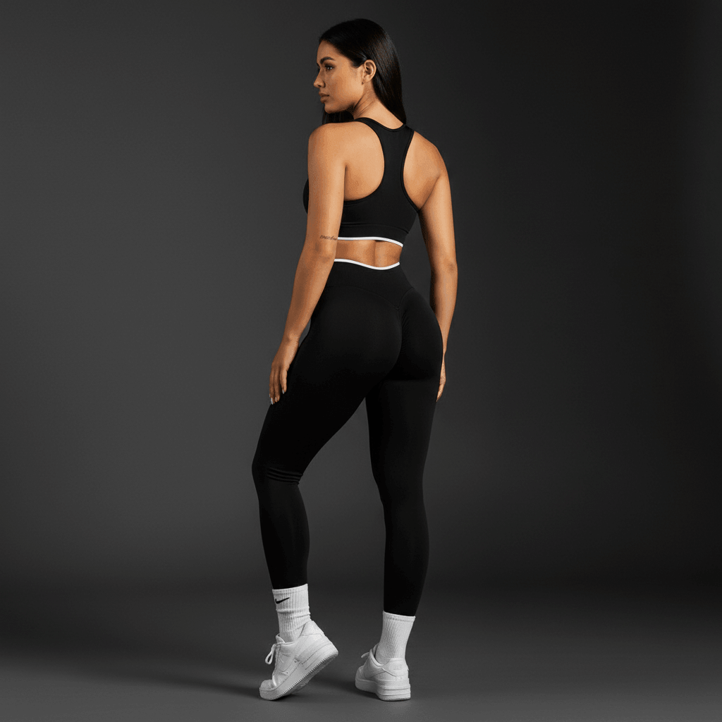 Poussez votre entraînement avec le legging noir Push Up Leggings Sport, vue arrière d’une femme en tenue de sport avec soutien-gorge et bande blanche, chaussures blanches.