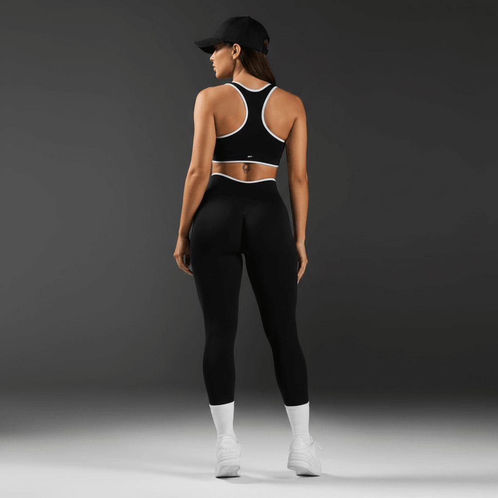 Porteuse de leggings noirs taille haute et brassière de sport assortie, vue de dos, avec casquette et chaussettes blanches lisant une posture athlétique. 
Push Up Leggings Sport : L'Élégance Dynamique au Service de Votre Performance