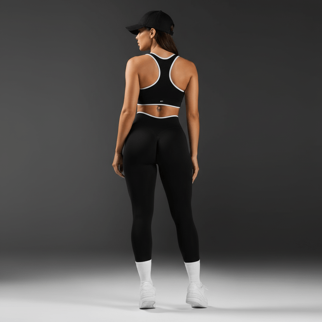 Push Up Leggings noir femme vue de dos pose élégante sur fond gris sombre - effet push up prononcé