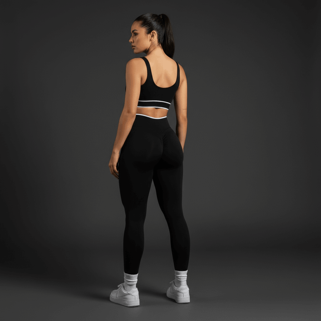 Paire de leggings noirs de sport avec soutien-gorge assorti, vue dos d’une femme en position debout, détails blanc-gris et baskets blanches.