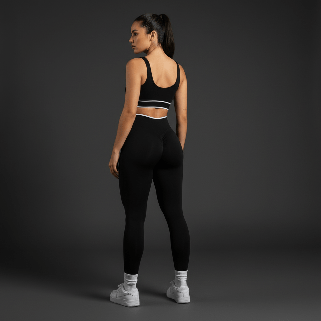 Push Up Leggings noir femme vue de dos avec visage visible sur fond gris sombre - effet push up