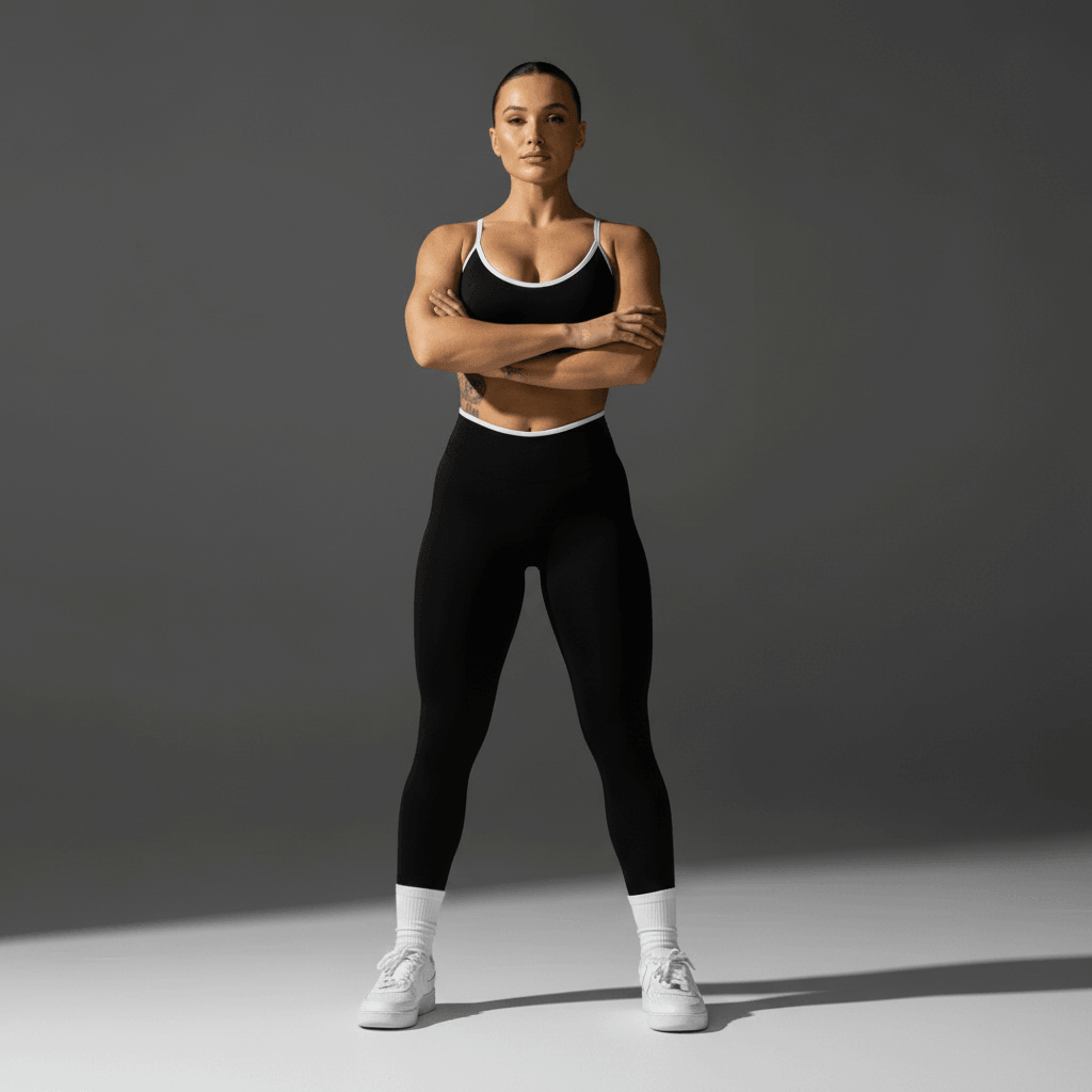 Homme ou femme athlète debout, bras croisés, portant leggings noirs et débardeur noir avec bordures blanches, baskets blanches. Produit: Push Up Leggings Sport.