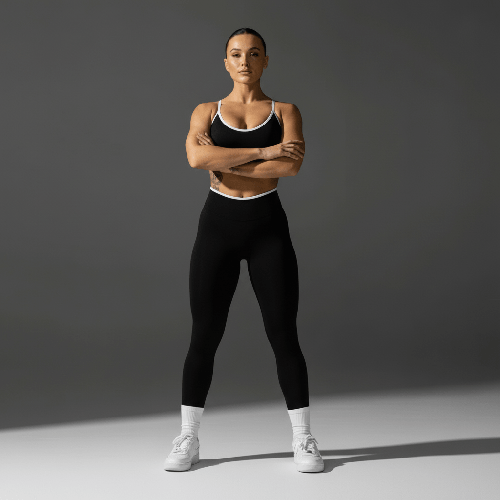 Push Up Leggings noir femme vue de face bras croisés sur fond gris sombre - ensemble brassière assortie