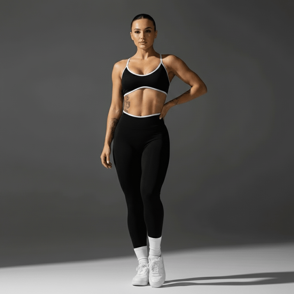 Push Up Leggings noir femme vue de face pose élégante sur fond gris sombre - taille haute galbante