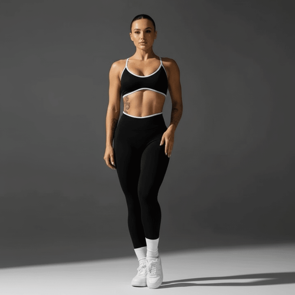 Push Up Leggings noir femme vue de face pose élégante sur fond gris sombre - legging taille haute galbante
