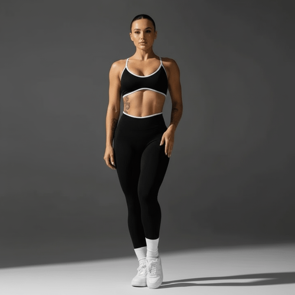 Push Up Leggings noir femme vue de face pose élégante sur fond gris sombre - legging taille haute galbante