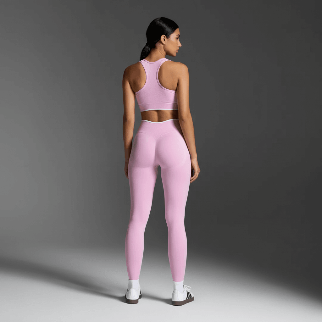Femme vue de dos portant des leggings et un top de sport rose clair, look dynamique et élégant pour la performance.