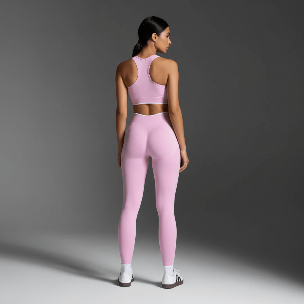 Push Up Leggings rose femme vue de dos avec visage visible et brassière assortie sur fond gris sombre