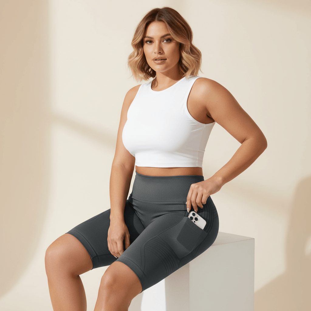 Short Anti-Cellulite 3D avec Poches graphite, pose assise, ceinture taille haute et poche latérale avec téléphone