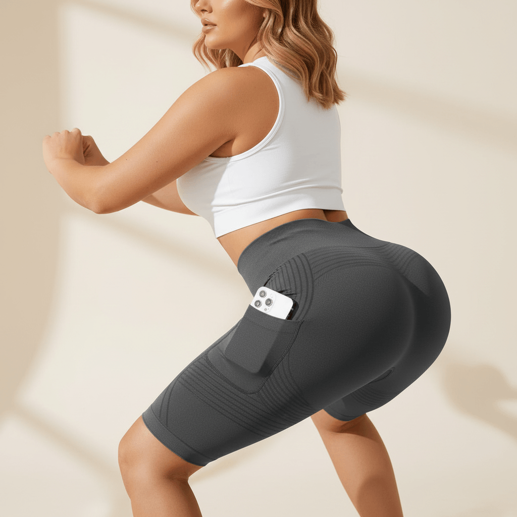  Short Anti-Cellulite 3D avec Poches graphite, test squat-proof, opacité du tissu et maintien en mouvement
