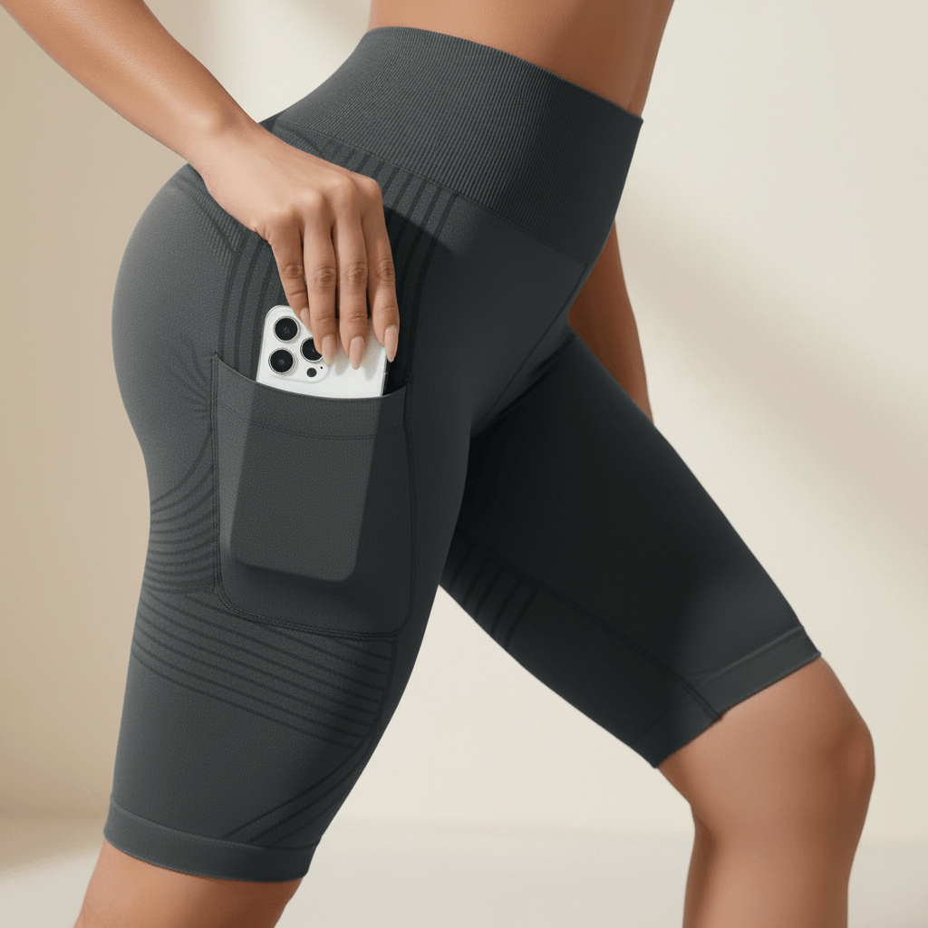  Short Anti-Cellulite 3D avec Poches graphite, zoom texture 3D, ceinture côtelée et poche latérale avec téléphone