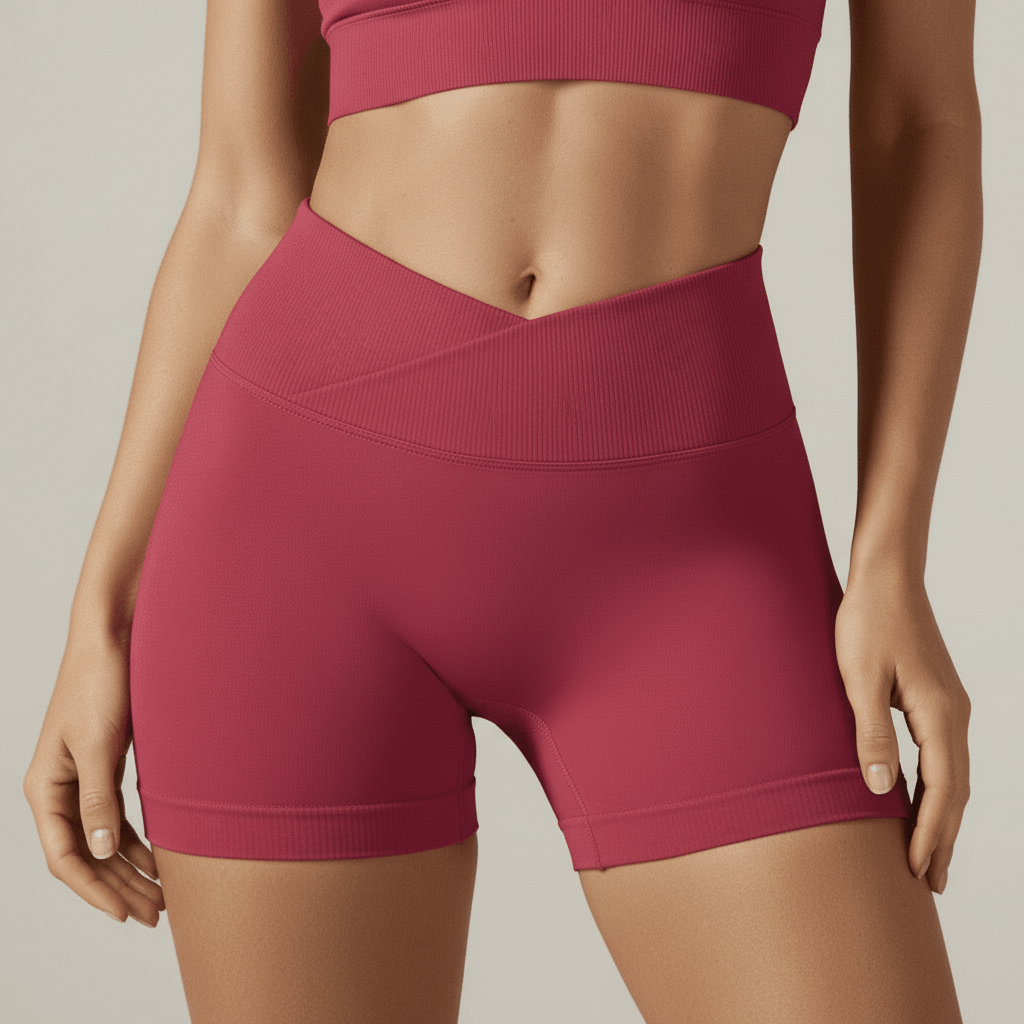 Zoom détail ceinture croisée en V short cycliste femme rose framboise taille haute – texture côtelée, tissu lisse seamless, studio ivoire
