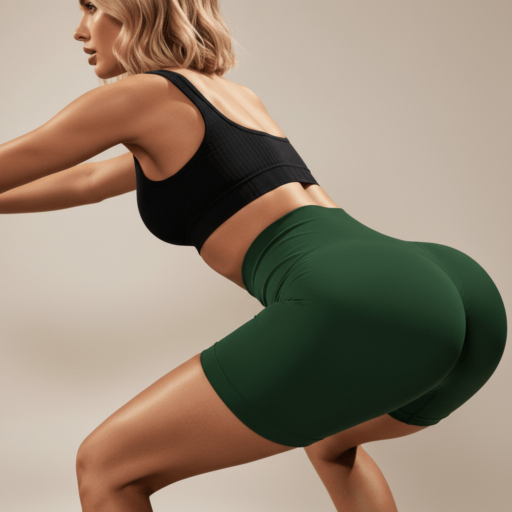 Short cycliste femme vert foncé – pose squat dos brassière noire, compression taille haute scrunch