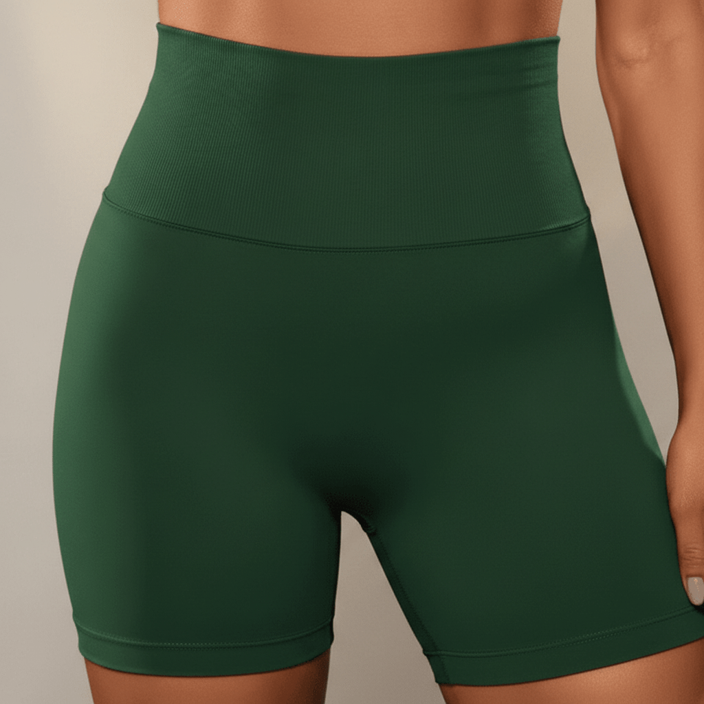 Short cycliste femme vert foncé – zoom détail taille haute large, compression gainante