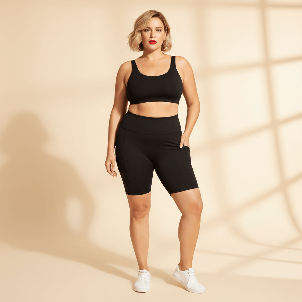 Short de sport femme grande taille noir cycliste taille haute avec poches latérales, vue de face pose fashion éditoriale, fond studio crème