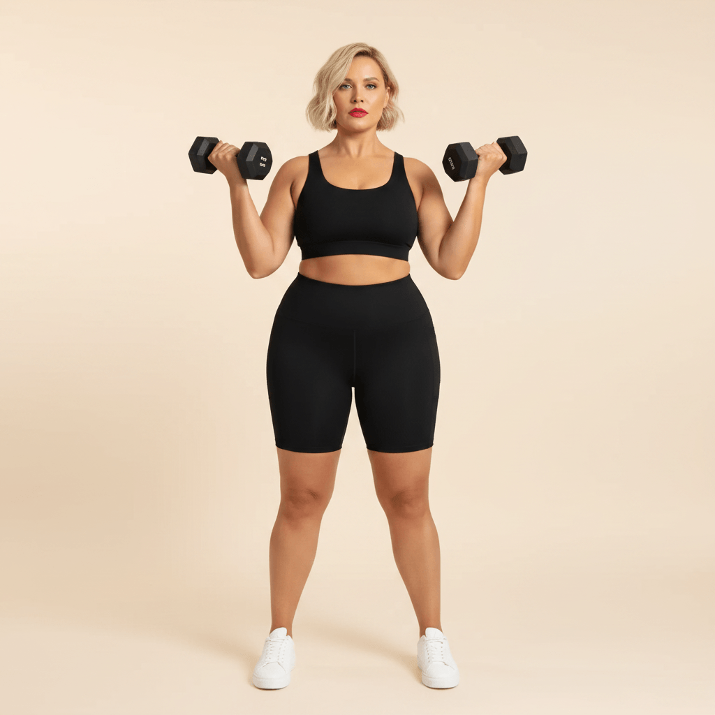 Short de sport femme grande taille noir cycliste taille haute porté avec haltères, pose musculation bicep curl, fond studio crème