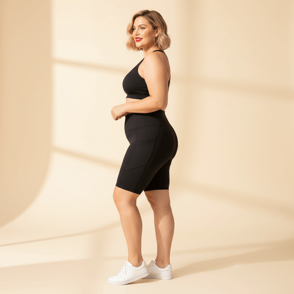 Short de sport femme grande taille noir cycliste taille haute gainant, vue de profil montrant la ligne sculptante et la poche latérale, fond studio crème