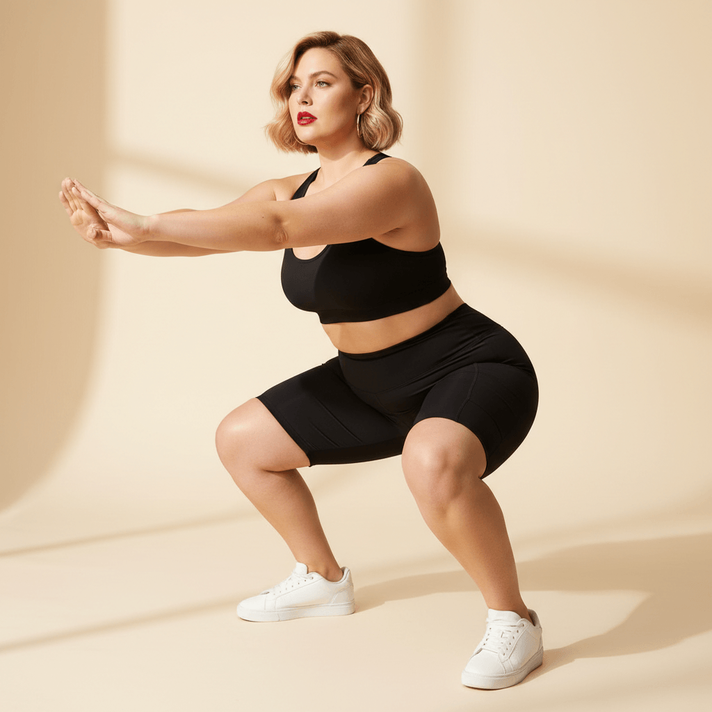 Short de sport femme grande taille noir cycliste taille haute en pose squat, opacité squat-proof, compression gainante, fond studio crème