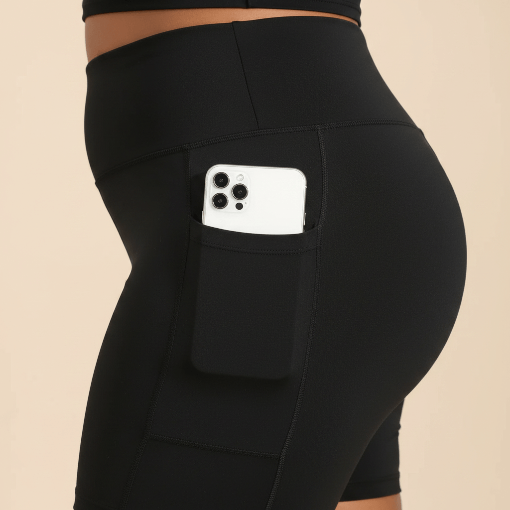 Short de sport femme grande taille noir cycliste, zoom détail sur la poche latérale avec smartphone glissé, fond studio crème