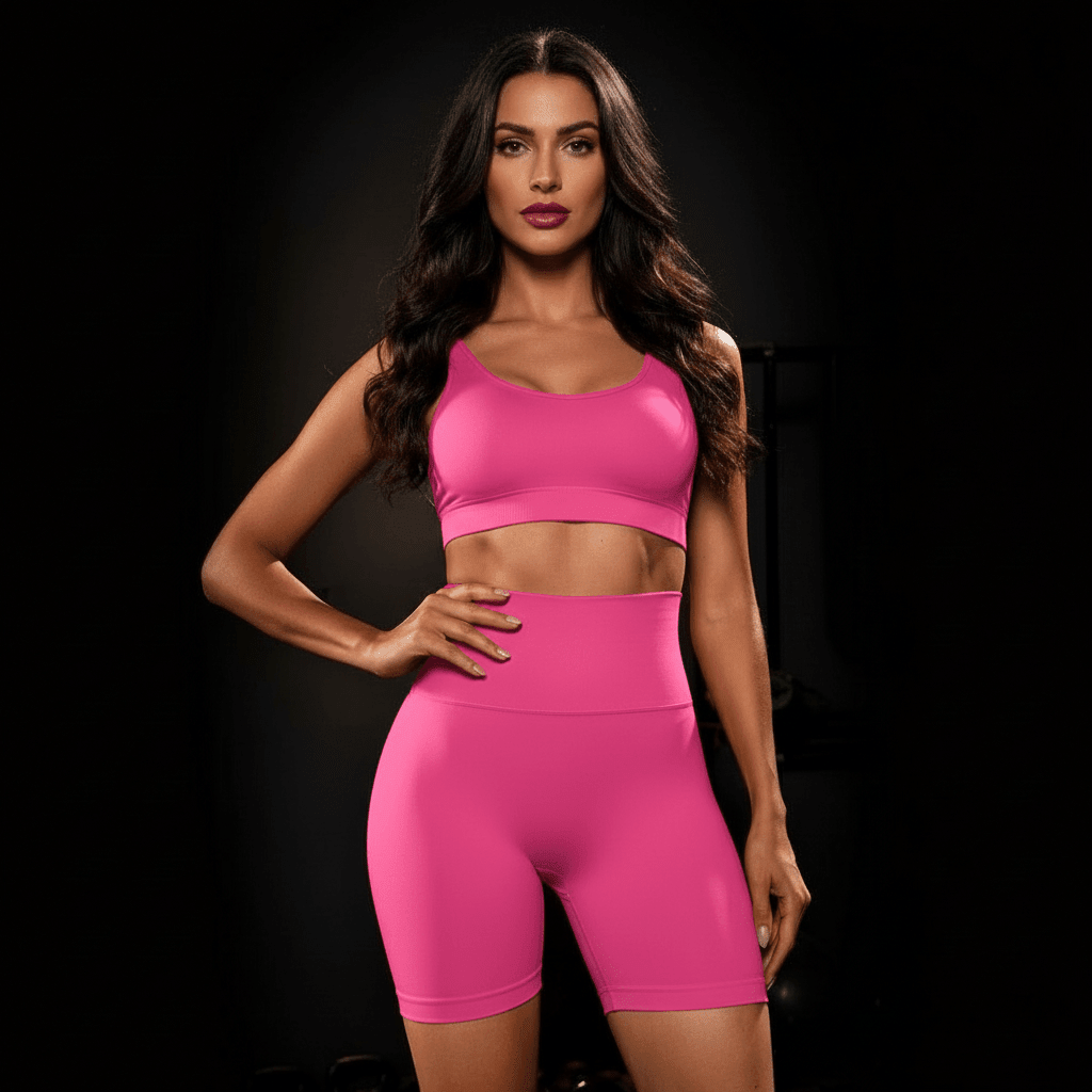 Short de sport femme rose fuchsia avec brassière assortie portée de face