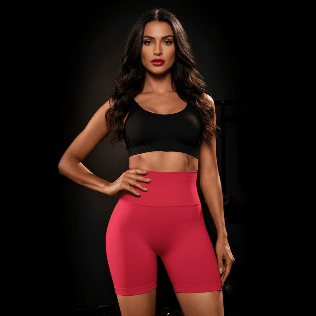 Short de sport femme rouge fuchsia avec brassière assortie portée de face