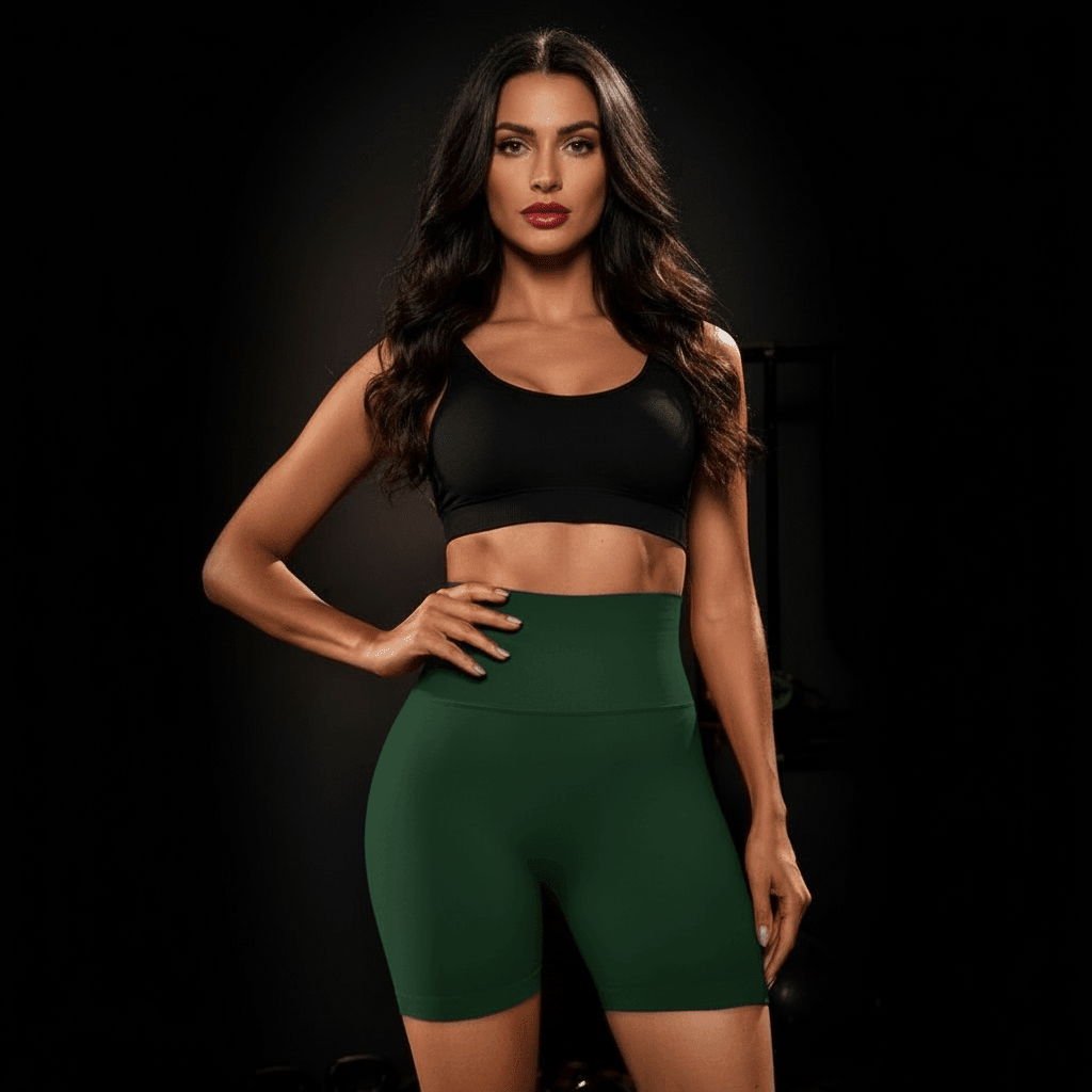 Short de sport femme vert foncé avec brassière assortie portée de face