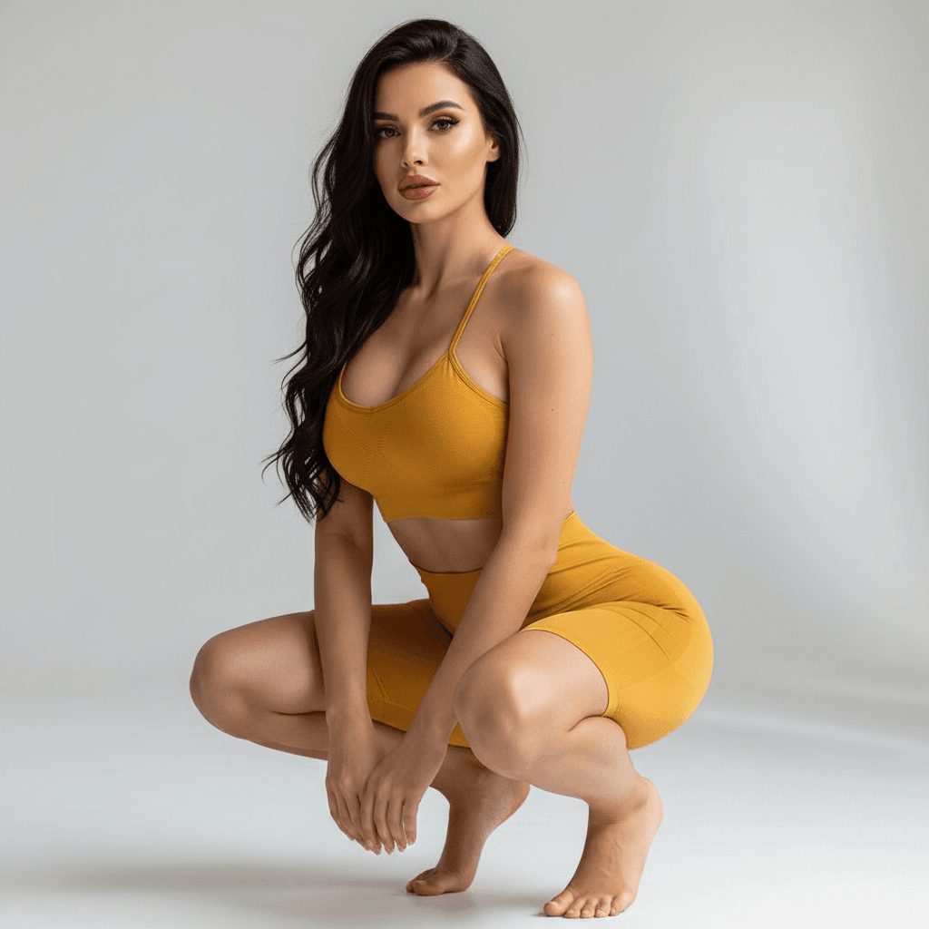 Short de sport pour femme jaune taille haute seamless scrunch en pose squat